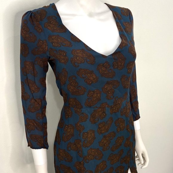 For Love & Lemons Double Slit V-Neck Maxi Dress Paisley Print Silk Blue Size S - Picture 6 of 14